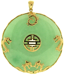 Green Jadeite Jade Disc/Pi Pendant with Gold Dragon Accents