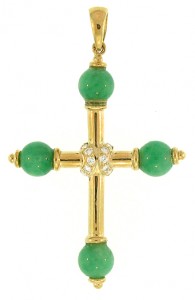 Green jade, diamond and gold cross pendant
