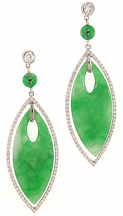 Green Jadeite Jade Drop Earrings With Diamond Frame by Kristina Mason