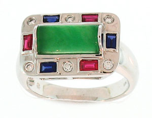 Green Jade Ring With Diamond, Ruby & Sapphire Accents By Kristina Mason